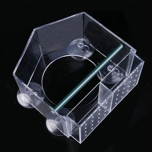 Clear acrylic aquarium feeder box with four suction cups and side divider tray