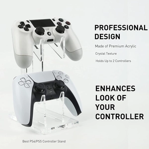 Double-tier clear acrylic controller stand for PS4 and PS5 gamepads on white background
