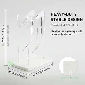 Detail showing dimensions of acrylic game controller stand with non-slip rubber feet