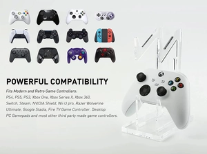 Three-tier clear acrylic controller stand showing compatibility with various gamepads