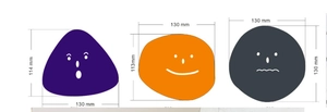 Detailed size guide for colorful acrylic cartoon coasters in purple, orange, and grey