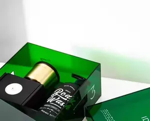 Detailed macro view of green transparent acrylic desktop storage box with cover and number 3