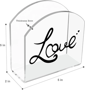 Detail view of 5mm thick clear acrylic napkin holder with Love text and 5x5x2 dimensions