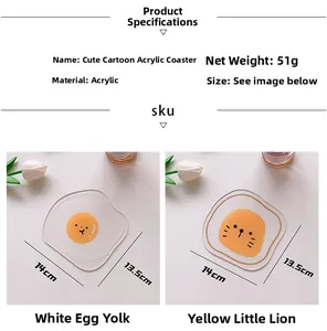 Detail of cartoon acrylic coaster featuring lion and fried egg designs with dimensions