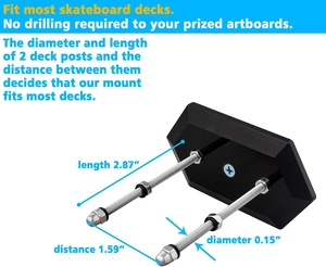 Vista dettagliata del supporto da parete per skateboard in acrilico con dimensioni