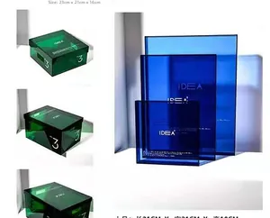 Detail of green acrylic storage box with IDEA lettering and semi-transparent finish