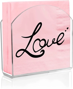 U-shaped transparent acrylic cocktail napkin holder with black Love art print detail