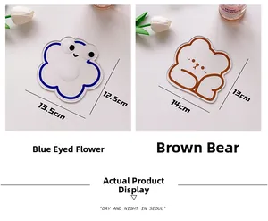 Detail view of cartoon acrylic coasters with blue flower and brown bear dimensions