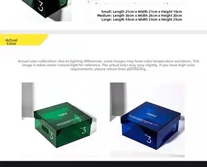Detailed size chart for stackable acrylic storage boxes in blue and green variants