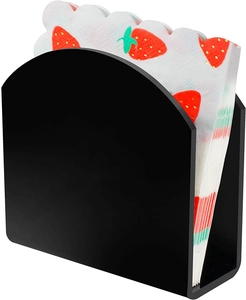Detail of black acrylic napkin holder featuring a U-shaped design and glossy finish