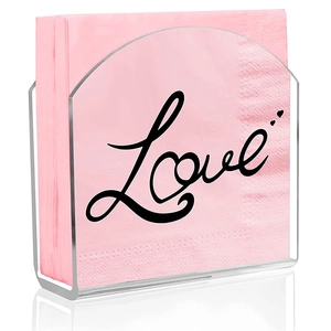 U-shaped transparent acrylic napkin holder with pink tissues and black Love lettering