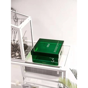 Nordic green acrylic storage box with lid and cut-out handles for home organization