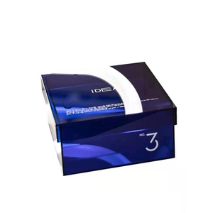 Modern Nordic dark blue acrylic storage box with white Idea lettering and minimalist lid