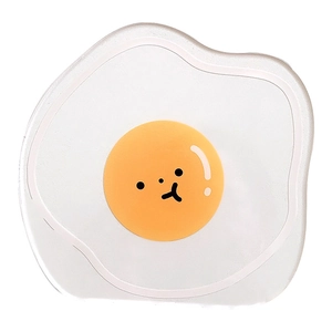Cute cartoon fried egg acrylic coaster with a minimalist smiley face on white background