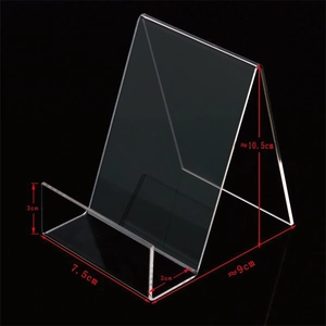 Detailed dimensions of transparent acrylic book stand with height and width measurements