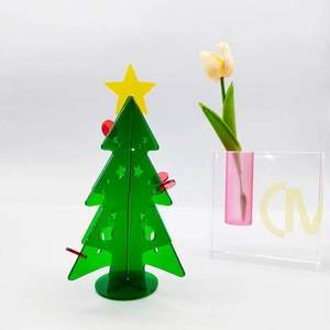 Minimalist green acrylic Christmas tree desktop ornament with yellow star and red accents