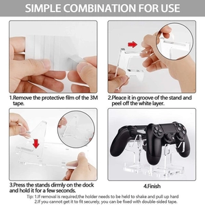 Detailed four-step assembly guide for transparent acrylic gaming controller stand using 3M tape