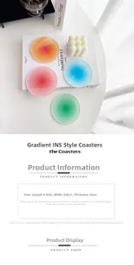 Detail of gradient acrylic coasters set with 9.8cm diameter and 3mm thickness specs