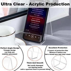 Clear acrylic display stand with triangular design for books and phones with smooth edges