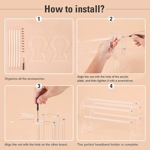 Installation guide for clear acrylic headband holder display rack showing step-by-step assembly