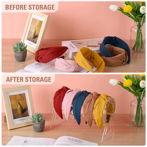 Acrylic headband organizer rack with five fabric knot headwraps in assorted colors