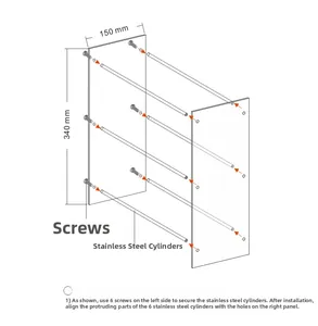 Technical diagram showing dimensions and assembly steps for the acrylic organizer rack