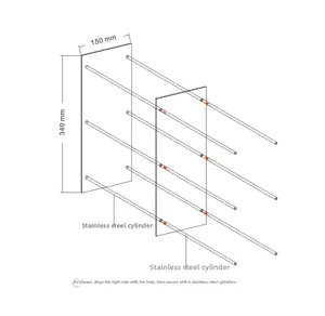 Detailed assembly diagram of 150x340mm acrylic storage rack with stainless steel rods