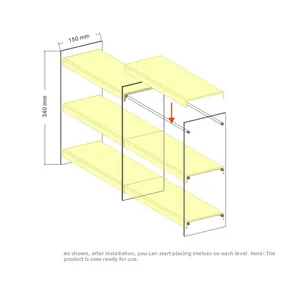 Three-layer acrylic cosmetic organizer dimensions diagram showing 340mm height and 150mm width
