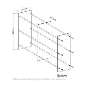 Detailed assembly diagram of acrylic organizer with 340x150x445mm dimensions and screws