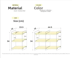 Detailed size specifications for the acrylic and stainless steel tiered storage rack