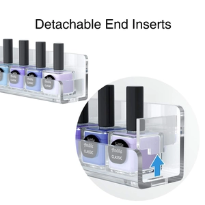 Detail view of acrylic nail polish rack featuring detachable end inserts for easy access