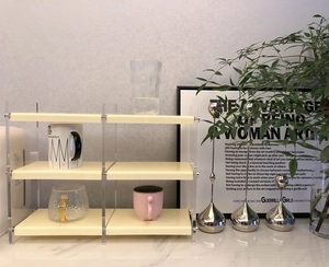 Three-tier acrylic organizer rack showing six compartments for cups and cosmetics storage