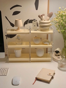 Three-tier acrylic tiered organizer for cosmetics and perfumes in cream and clear finish