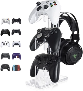 Three-tier transparent acrylic game controller stand and headset holder on white background