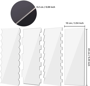 Set of 4 transparent acrylic cake scrapers showing 2mm thickness and 24cm height dimensions