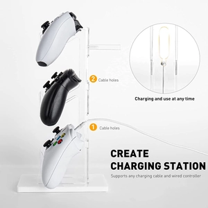 Detailed view of the 3-tier acrylic controller stand with integrated cable holes for charging