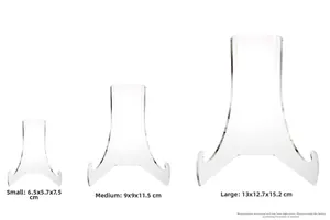 Three sizes of clear acrylic display stands for plates and artwork with dimensions