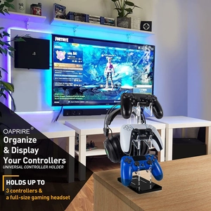 Three-tier acrylic game controller stand and headset holder for gaming desk setup