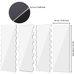 Set of 4 acrylic cake scrapers with varied edge patterns and 2mm thickness measurement