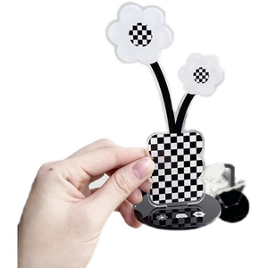 Desktop acrylic flower photo holder with checkerboard pattern and wave-edged bottle design