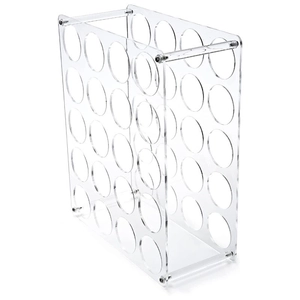Macro detail of 24-hole clear acrylic vinyl roll rack with stable metal connecting rods