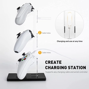 3-tier acrylic game controller stand with charging cable holes for desktop organization