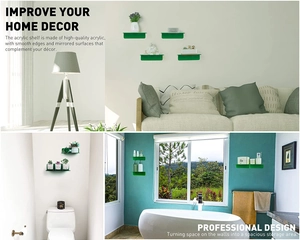 Green acrylic floating wall shelves showing home decor and storage organization details