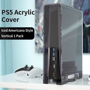 Vertical transparent dark grey acrylic dust cover for PS5 console with cable ports