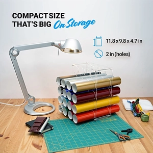 Acrylic 20-hole vinyl roll organizer storage rack for craft room on wooden desk