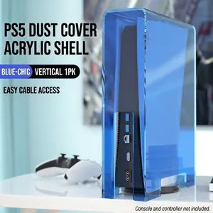 Transparent blue acrylic dust cover for PS5 console with convenient cable access