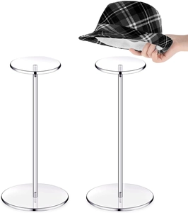 Detail showing hand placing checkered hat on round metal stand with stable base