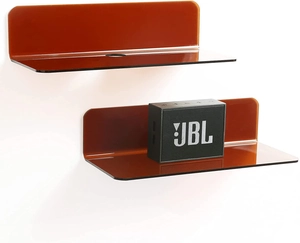 Brown acrylic floating shelves set of 2 with cable management hole for JBL speaker