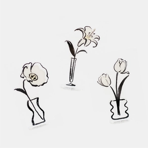 Three-piece acrylic flower ornaments set with minimalist ink art and transparent stands