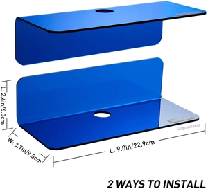 Detailed size specifications of blue acrylic floating shelves with cable management hole
